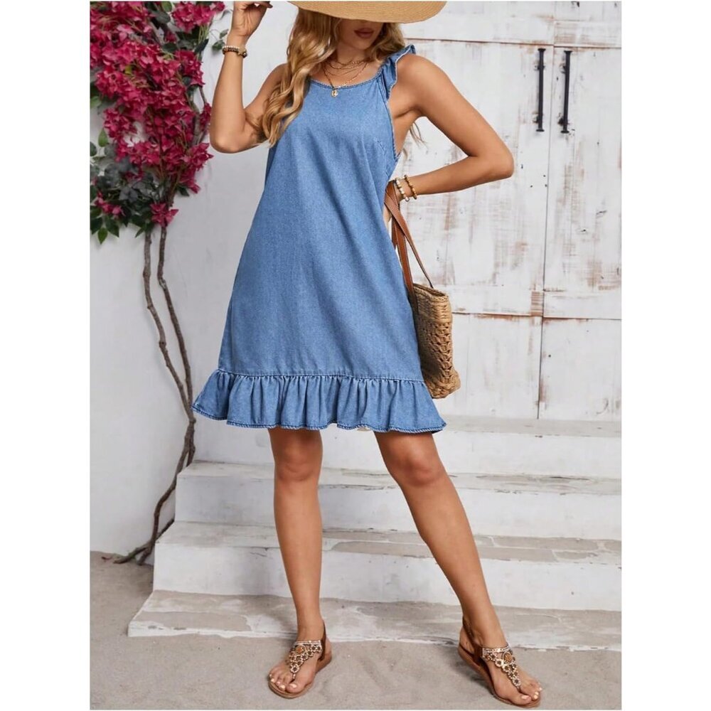 Women's Denim Tank Dress Soft Breathable Ruffle Hem Sleeveless Vacation - Picture 6 of 6